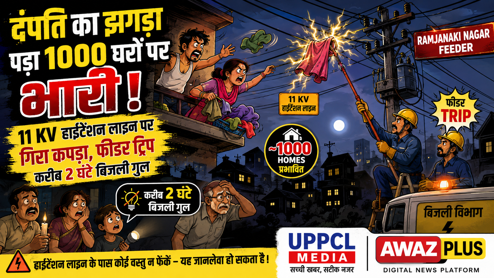 गोरखपुर में दंपति का विवाद पड़ा बिजली उपभोक्ताओं पर भारी, 11 KV लाइन पर कपड़ा गिरा तो 1000 घर अंधेरे में