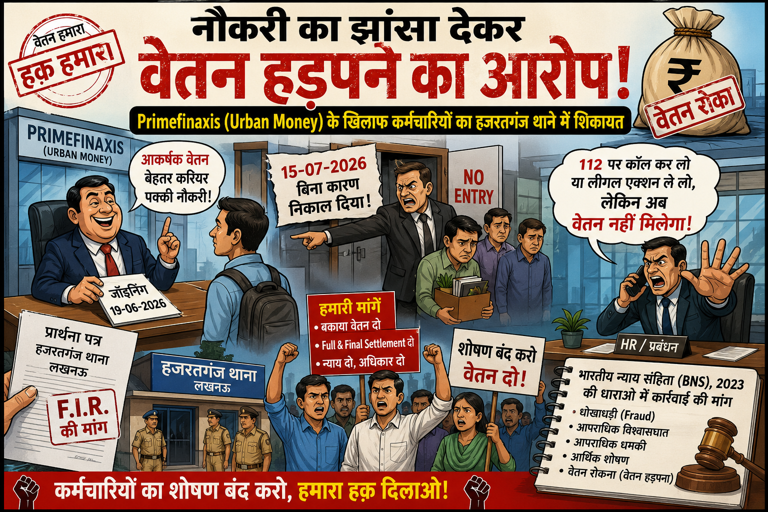 नौकरी का झांसा देकर वेतन हड़पने का आरोप,:Primefinaxis (Urban Money) के कर्मचारियों ने हजरतगंज थाने में एफआईआर की मांग