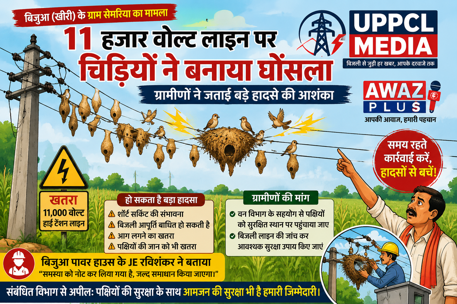 11 हजार वोल्ट लाइन पर चिड़ियों:का घोंसला, ग्रामीणों ने जताई बड़े हादसे की आशंका