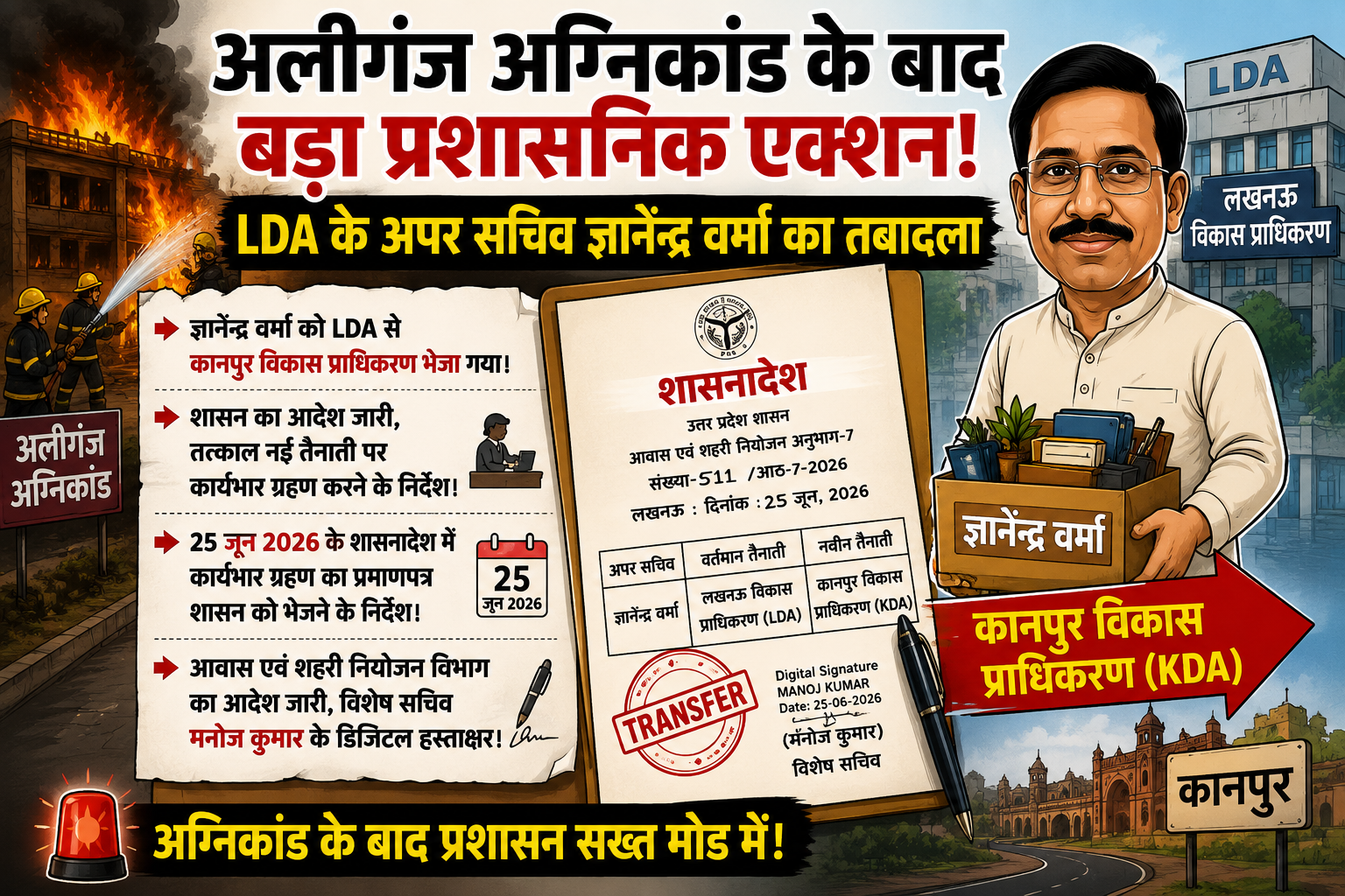 🔥 अलीगंज अग्निकांड के बाद बड़ा प्रशासनिक एक्शन! LDA के अपर सचिव ज्ञानेंद्र वर्मा का तबादला, कानपुर भेजे गए