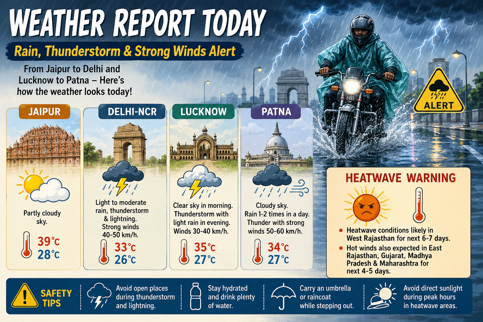 Weather Report Today: फिर बदला मौसम का मिजाज, दिल्ली में बारिश-आंधी का अलर्ट; जयपुर से पटना तक कैसा रहेगा मौसम?