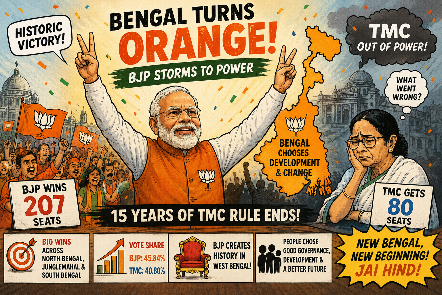 “बंगाल में भगवा सुनामी! 15 साल बाद TMC सत्ता से बाहर, BJP की ऐतिहासिक एंट्री”
